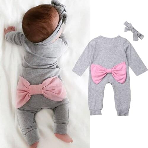 0-18M Newborn Baby Girl Long Sleeve Back Bowknot Romper Jumpsuit Playsuit Headband 2PCS Outfits Baby Clothes