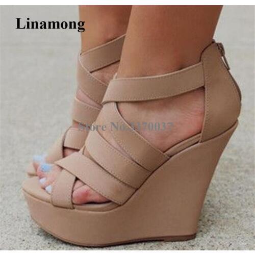 Western Style Fashion Open Toe Nude Leather High Platform Wedge Sandals Straps Cross Height Increased Wedges Dress Heels Shoes