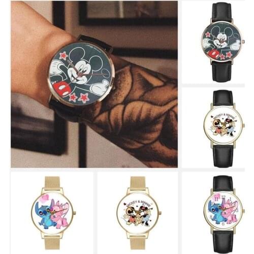 Disney Mickey Mouse Stitch cartoon pointer watch Minimalist Mens women Fashion Ultra Thin Quartz Watches Metal Mesh Belt Watch