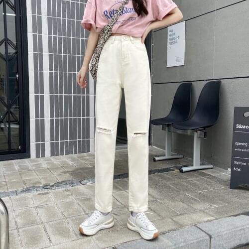 White Ripped Jeans for Women High Waist Harem Mom Jeans Ankle-Length Pants Women Jeans Casual Streetwear Denim Wide Leg Pants