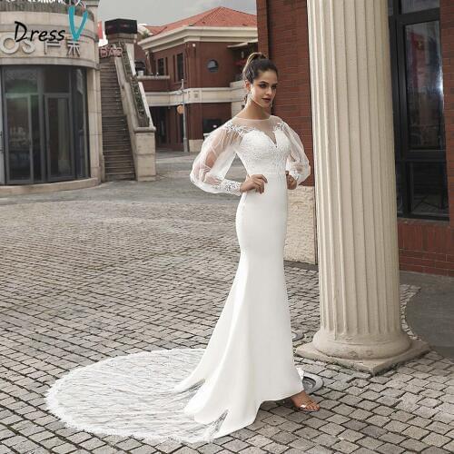 Dressv ivory elegant wedding dress long sleeves mermaid appliques outdoor&church button lace trumpet wedding dresses