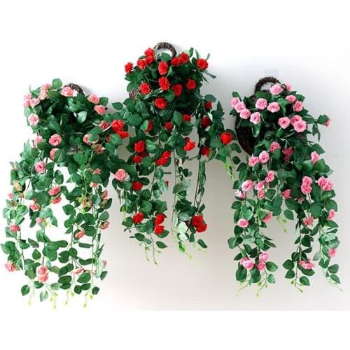 Artificial Rose Wall Hanging Indoor Artificial Flower Rattan Wedding Wall Decoration Hanging Plastic Vine Rose Hanging Basket