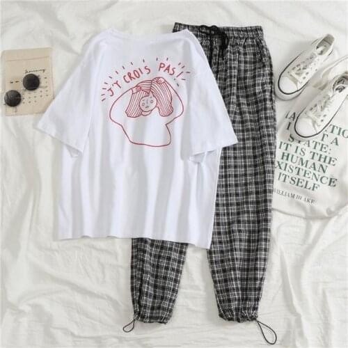 Fashion Two-piece Suit Female Summer 2021 New Korean T-shirt + Wild Lattice Harem Pants