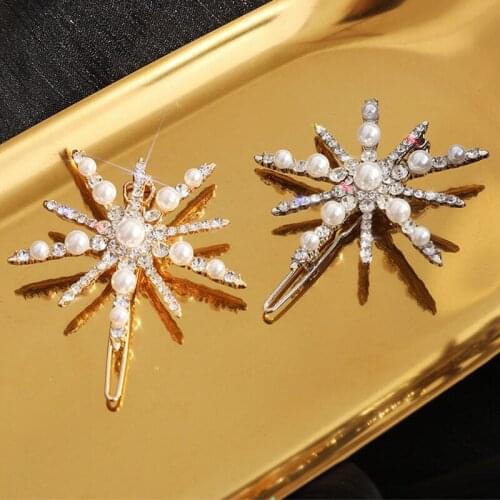 New Fashion Luxury Star Shining Rhinestones Snowflake Pearl Hairpin For Women Elegant Barrettes Hair Jewelry Accessories