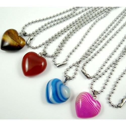 Natural Stone Tigers Eye Pink Crystals Striped Agate Heart Pendant Stainless steel Chains Necklace Women Fashion Jewelry making