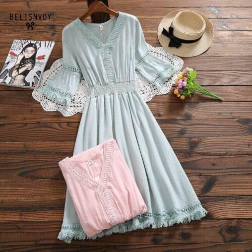 Mori Girl Summer Women Sweet Dresses Elegant V-neck Hollow Out Vestidos Short Sleeve With Tassel Pleated Green Pink Female Dress