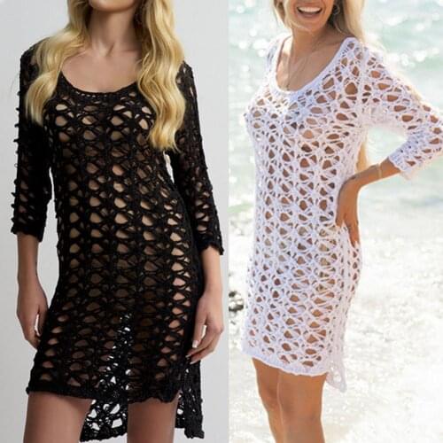 Beach Dress Hollow Out Knitted Women 3/4 Sleeve See Through Bikini Cover Up Beachwear