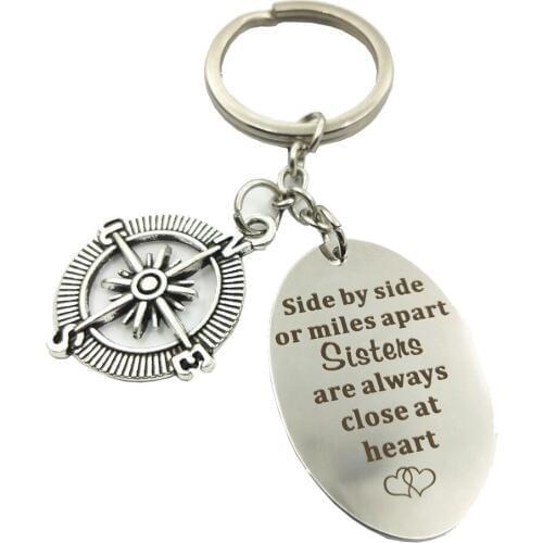 Side by side or miles apart Compass Pendant Exquisite Key Chain Jewelry Inspirational Stainless Steel Key Chain Jewelry