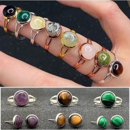 Gemstone 2 Piece 8mm Natural Stone Crystal Ring Earrings Jewelry Set for Women Amethyst Tigereye Malachite Handmade Wedding Gift