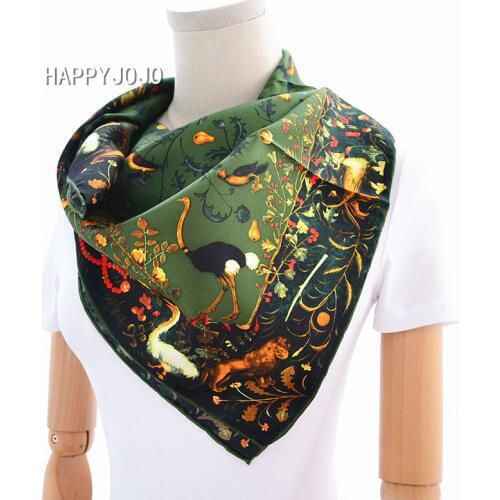 Army green luxury natural silk scarf women printed bird 100% real silk twill scarves wrap shawl square 90cm bandana lady gift