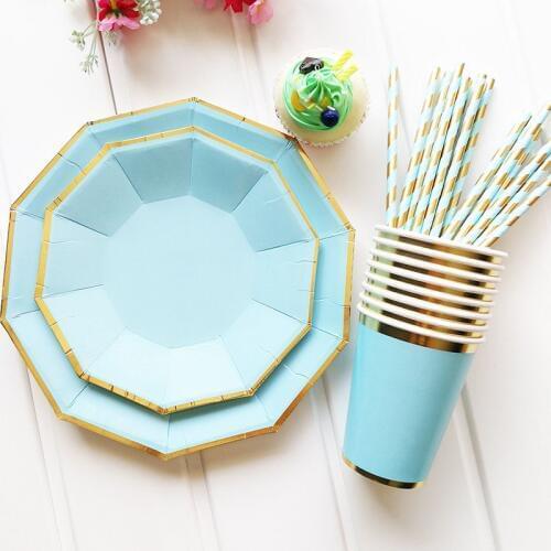 8Pc Blue Foil Gold Prince Disposable Paper Plate Boys First Birthday Cups Straw For Gender Reveal Wedding Baptism Decoration