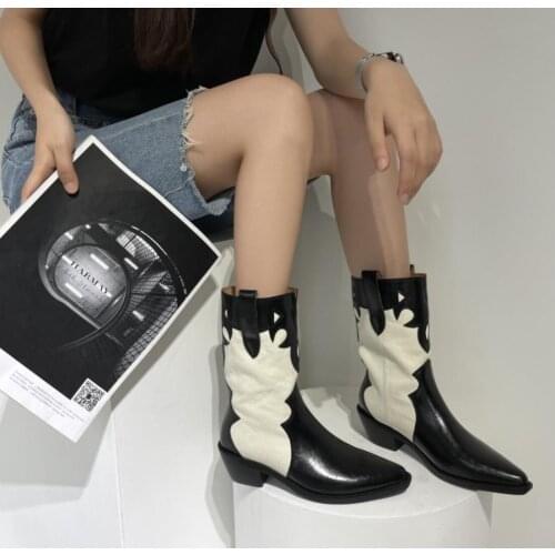 Chelsea Ladies Boots Autumn Shoes Women Ankle Boots Cowboy Pointed Toe Patchwork 5cm Martin Booties Western Motorcycle Boots