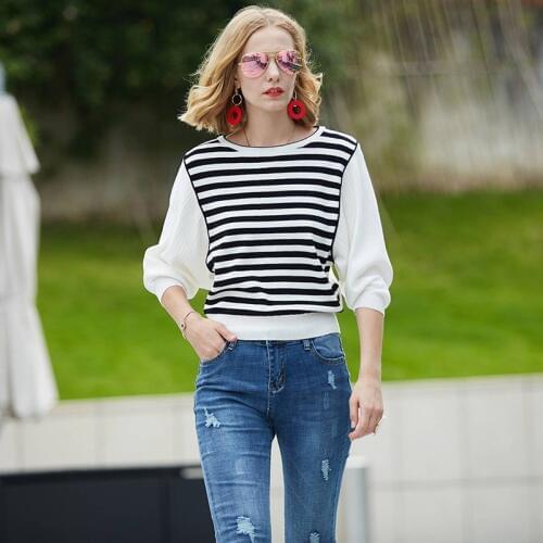 2020 Brand Design Black Casual Women Top T-Shirt Spring V-neck Pure White Knit Top Elegant Black ladies knit Top T-shirt