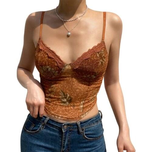 H9ED Women Spaghetti Strap Corset Crop Top Sexy Mesh Floral Lace V-Neck Slim Camisole