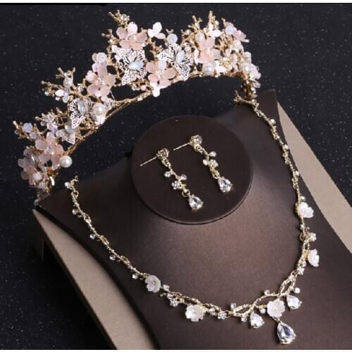 Baroque Gold Butterfly Crystal Costume Jewelry Sets Rhinestone Tiara Bridal Women Wedding Jewelry Set Choker Necklace Earrings