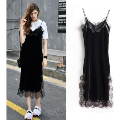 2019 Spring Summer Women Long Dress Sexy Spaghetti Strap Lace Dresses Female V-Neck Split Velvet Dress Bottoming Vestidos AB1331
