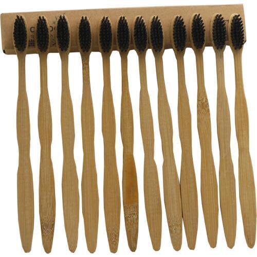 12 Pieces Black 100% Bamboo Toothbrush Wood toothbrush Novelty Bamboo soft-bristle Capitellum Bamboo Fibre Wooden Handle