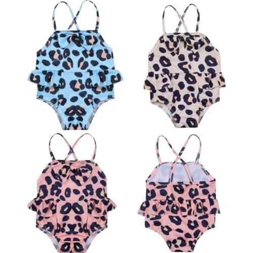 2021 New Baby Girls Swimsuits Leopard Ruffle Kids One Piece Swimwear Toddler Bathing Suit Summer Infant Bikini 0-3Y