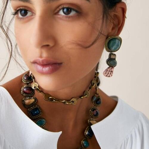 2021 ZA Boho Ethnic Vintage Necklace Women Jewelry Big Stone Statement Necklace Female Metal Chain Maxi Long Pendants Necklaces