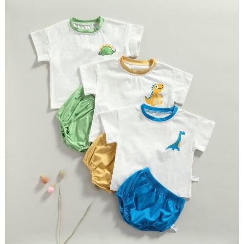 2021 0-2Y Casual Toddler Boy Girl Clothing Set Cartoon Dinosaur Print Short Sleeve T-shirt Top+Solid Shorts Summer 2pcs Outfits