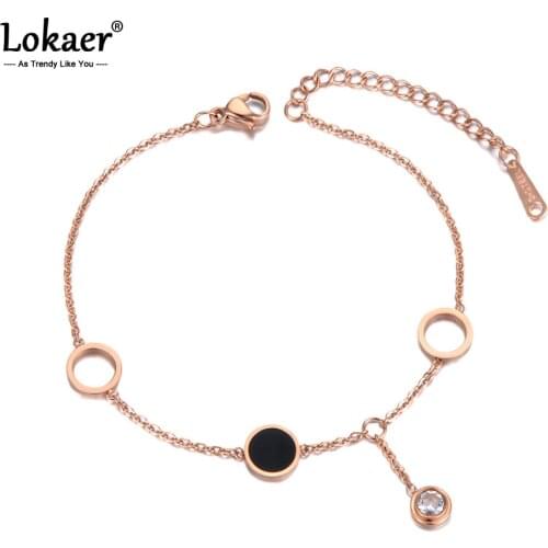 Lokaer Trendy Stainless Steel Black Acrylic Chain & Link Bracelets For Women Rose Gold CZ Crystal Charm Bracelet Jewelry B19054