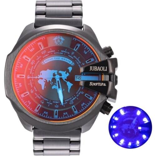 Mens Watches Discoloration Glass Steel Strip Quartz Waterproof Sport Map With Light Creative Wristwatch Male Relogio Masculino