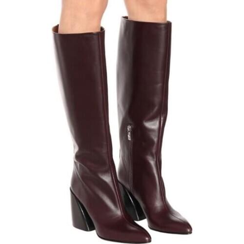 Dipsloot New Woman Burgundy Black Brown Crocodile Leather Tube Long Boots Chunky Heels Pointed Toe Knee High Knight Boots