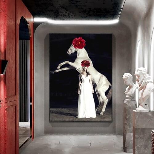 Nordic Abstract Long Skirt Girl Canvas Painting White Horse Red Flower Poster Wall Art Modern Home Living Room Decoration
