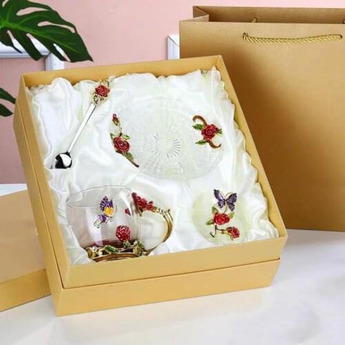 Hand-made Enamel Crystal Cup Coffee Mug Lemon Flower Tea Cup High-grade Glass Drinkware Gift Couple Mug For Lover Wedding