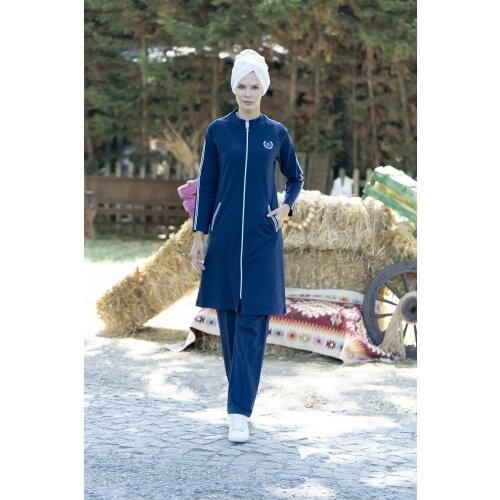 Eofashion Islamic Tracksuit Navy Blue Full Covered Outfit Hijab Sportwear Withcapuccio And Pants Wide Size Range Muslim Women