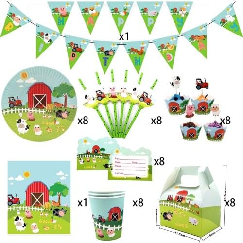 Farm Animals Pig Cow theme 58pcs for 8kids birthday party supplie tableware set, plate+straw+glass+candybox+invitation ect