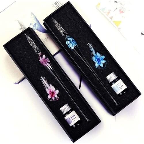 Crystal Aesthete Glass Pen Flora Series Dip Pen Transparent Flower Fountain Pen Boxed Gift Exquisite Stationery