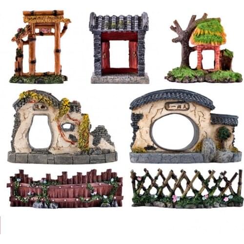 Chinese Miniature Ceramic Figurine Bonsai Rockery Landscape Ornament Simulated Architectural Pavilion Dollhouse Decoration