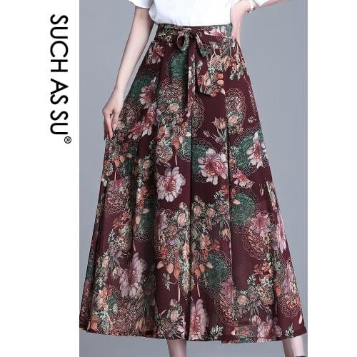 Summer Chiffon Women Wide Leg Pants Bow Ribbon S-XXXL Plus Size Full Length Printed Elastic High Waist Culottes Lady Pants