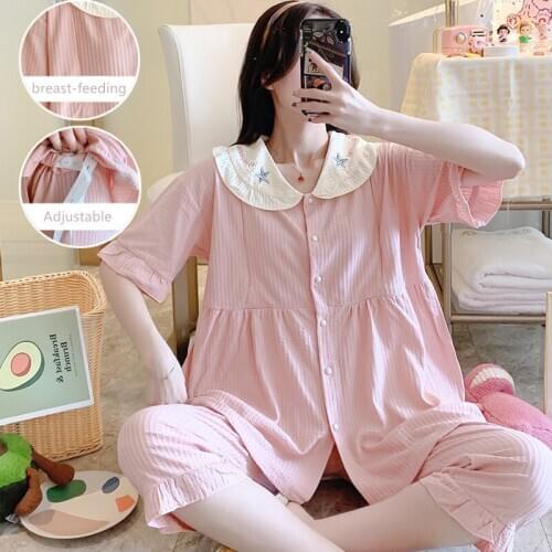 Summer Thin Cotton Maternity Nursing Sleepwear Short Sleeve Loose Breastfeeding Pajamas Suits Pregnancy Lounge