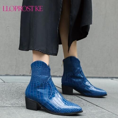 Lloprost ke 2020 Autumn Winter Stone Pattern Ankle Boots Fashion Zipper Pointed Toe Short Boots Ladies Square High Heel Boots