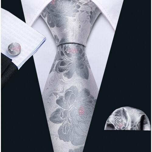 Fashion Men Tie Sliver Floral Necktie Gravat Handkerchief Set Silk Ties For Men Party Business Gift Barry.Wang Designer FA-5217