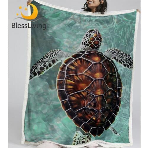 Blessliving Sea Turtle Throw Blanket Marine Animal Sherpa Fleece Blanket Tortoise Fish Bedspreads Ocean Plush Bedding 150x200cm