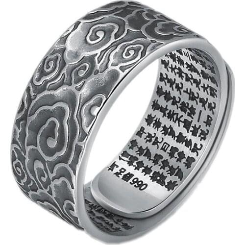 BOCAI New Real Sold S990 Silver Jewelry retro craftsmanship, opening Auspicious Clouds Heart sutra Good luck Man and Woman Ring
