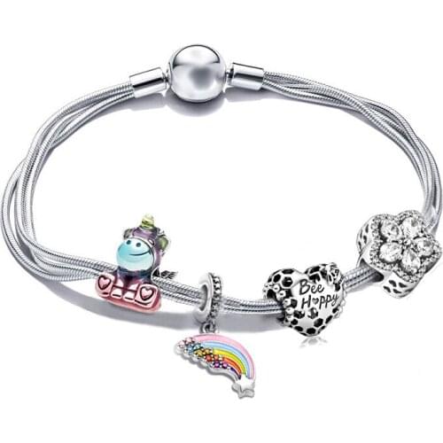 New Fit Pan Rainbow Unicorn Charms Bracelet Men CZ Flower Bee Happy Heart Bead DIY Jewelry for Women Chains Bangle Kid Xmas Gift