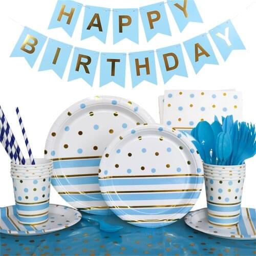 Gold Dot Blue Disposable Tableware Plate Cup Napkins 1st Birthday Party Adult Happy Birthday Party Decor Kids Wedding Birthday