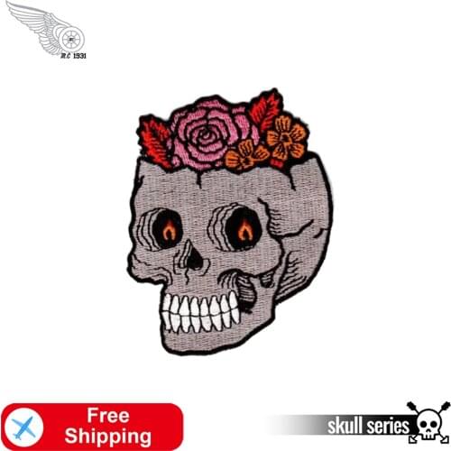 Flower Fire Skull Embroidery Patches Punk Motorcycle Biker Decration Jackets Vests Front Iron on Patch Fashion Cool Accessory