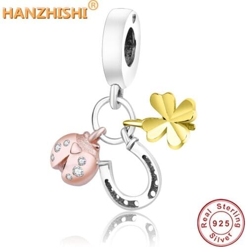 Fit Original Pandora Charms Bracelet DIY Jewelry Berloque Authentic 925 Sterling Silver Horseshoe Clover Ladybird Dangle Charm