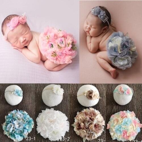 XXFE 2 Pcs Newborn Photography Props Baby Hair Band Round Flower Cushion Set Headband Costume Kit for Infants Photo Shooting