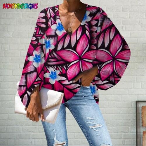 NOISYDESIGNS 2021 Casual Loose Long Sleeve Shirt Tops Polynesian Plumeria Printed Large Size Blouse Women V-neck Female Clothing