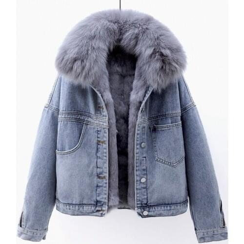 Removable Natural Fox Fur Collar Rabbit Fur Liner Denim Jacket Coat Women Vintage Winter Loose Thick Warm Jeans Jackets Female