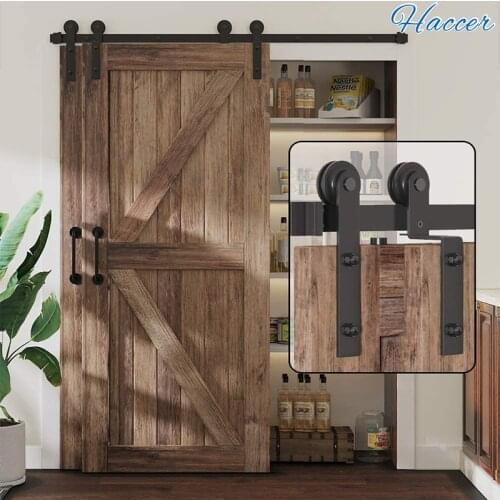 HACCER 4-9.6FT Bypass Sliding Barn Door Hangers Hardware Black Bent Door Track Carbon Steel Roller Slides for Double Door