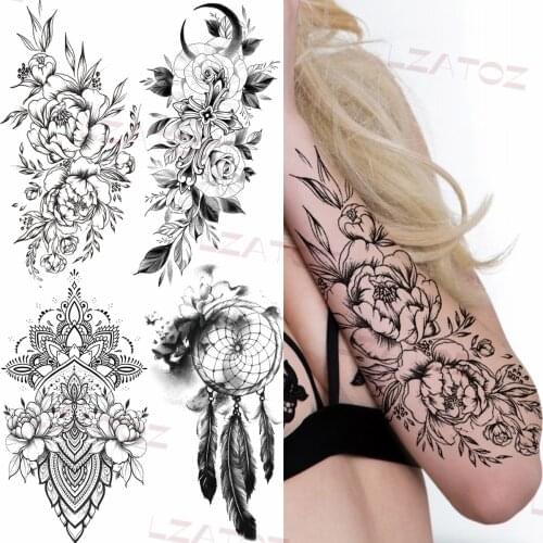 Black Peony Rose Temporary Tattoos For Women Adult Geometry Sword Feather Realistic Fake Tattoo Custom Sexy Disposable Tatoos