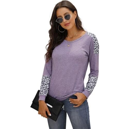 Spring Casual Long Sleeve Leopard Patchwork T Shirt Women Fashion O-neck Pullover Loose Oversized T Shirts Top Female