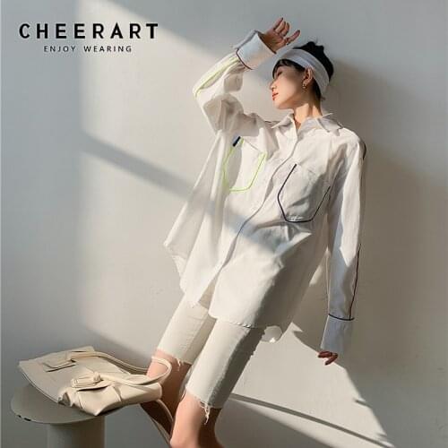 CHEERART Autumn 2020 White Long Sleeve Shirt Women Loose Tops And Bloues Designer Clothes Button Up Collar Shirt Fall Fashion